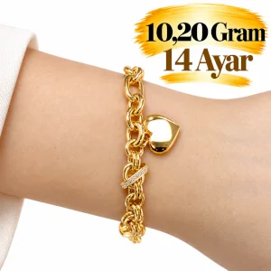 14 Ayar Altın İnce Kalpli Bileklik | Gram aralığı: 9,8 - 10,20 g