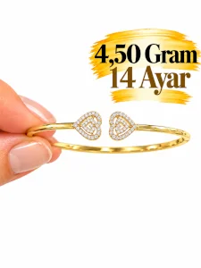 14 Ayar İki Ucu Kalpli Kelepçe Bilezik | Gram aralığı: 4,30- 4,50 g