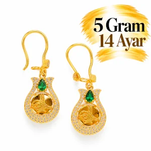 Tuğralı Lale Motifli Sallantılı Altın Küpe| Gram aralığı: 4,70 - 5,00 g